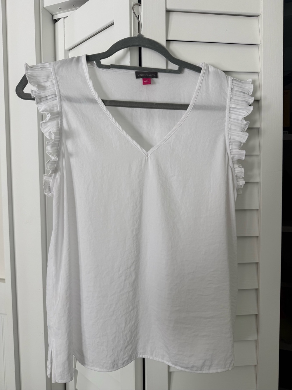 Vince Camuto White Sleeveless V-Neck Top with Ruffle Trim